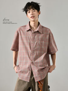 SZON | American Retro Pink Check Shirt Short Sleeve