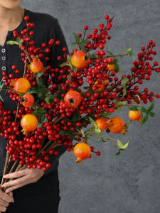 Modern Style Red Fruit Simulation Flower Ornament Fake Flower Living Room Decoration Dried Flower Wintergreen Berry Branch Moving Bouquet Vase