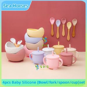【COD】4pcs Baby Silicone (Bowl/fork/spoon/cup)set High Quality Anti-fall Kids Feeding Tableware Baby Accessories Toddler Self-feeding Tools