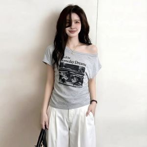 AIYITI | Áo Thun Nữ Mới Vai Trễ T Tay Ngắn Dáng Suông Size Lớn In Hoa Văn Mỹ