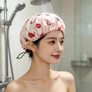 Shower Cap Adjustable Double Layer Printed Waterproof Oil Proof Bath Hat For Adult Kids Women Bathroom Daily Hair Protection