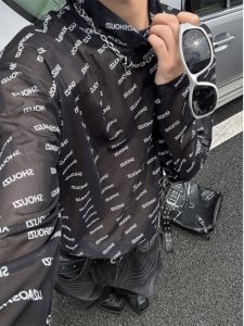 High Collar Ice Silk Long Sleeve T-Shirt Mens Summer Thin Letter Print Breathable Original Design Casual Youth Fashion