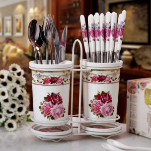 Hộp Đựng Thìa Gốm Sứ Hình Tròn Kiểu Đồng Quê Dùng Trong Nhà Bếp Giá Để Thìa Hai Lớp Giá Để Đồ Dùng Ăn Uống Bằng Gốm Sứ