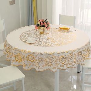 Golden Circular Tablecloth Made Of PVC Material  Waterproof And Oil Resistant  With Traditional Printed Peony Design And Gold Edges For 2-8 Seat Table Cloth
