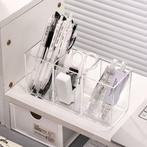 Desk Stationery Storage Pen Holder Transparent 3 Grids Pen Storage Box INS Style Large Capacity Pencil Container Students
