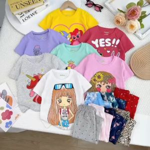 Đồ bộ cho bé gái 11 đến 40kg cộc tay quần ngố vải cotton xuất VNXK mềm mát mùa hè hình pony hình công chúa 068