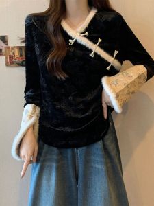 เสื้อเชิ้ตผ้ากำมะหยี่คอวีสีดำสไตล์จีนสำหรับผู้หญิงไซส์ใหญ่ เสื้อเชิ้ตแขนยาวลายดอกไม้ กระดุมหัวเข็มขัดรัดเอว