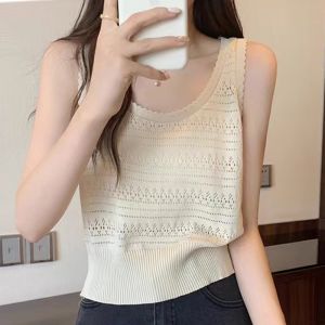 French Style U-Neck Hollow out Knitted White Strap Womens Thin Summer Design Ice Silk Hook Flower Vest Straight Tube Type