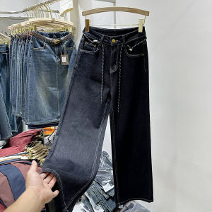 High Waist Straight Leg Fleece Lined Frayed Hem Wide Leg Pants Womens Skinny Jeans Autumn New Style Drawstring Black Denim