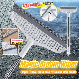 Magic Silicone Broom Sweeper Dual-Use 180° Degree Rotatable Silicone Floor Scraper Bathroom Floor Wiper Household Cleaning Tools Long Rod Retractable