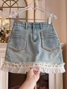 Heavy Embrio Decorated Faux Lace Sectioned High Waisted Semi-formal Summer New Style Slimming A-line Denim Mini Dress