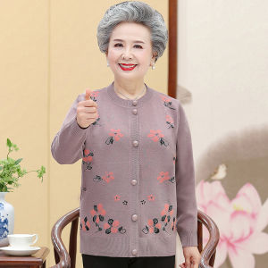 Middle-Aged and Elderly People Spring & Fall Winter Womens Sweater Knitting Cardigan Mother Clothes Fleece-lined Thick Warm Jacket Cashmere Top
