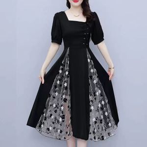 French Style Square Neck Women Short Sleeve Lace Dress Hepburn Temperament Plus Size Korean Style Gauze A-line Dresses defined waist