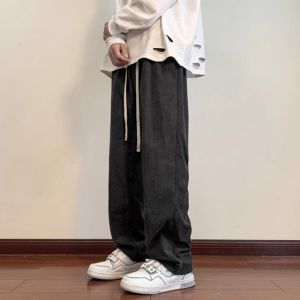 Corduroy Mens Elastic Waist Floor-Length Pants Wide Leg Sweatpants Straight American 2024 New Sport Long Trousers