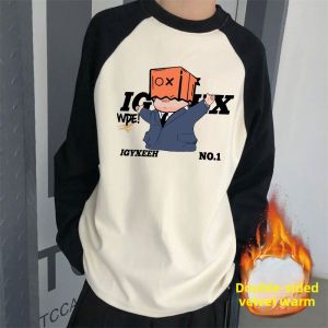 American Dralon Raglan Long Sleeves T-Shirt Mens Autumn and Winter Teenagers Fleece-lined Thickened Inner Bottoming Shirt Top Clothes