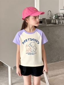 Childrens Summer New Style Cartoon Bear Half Sleeve round Neck Cotton T-Shirt Girls Slim Fit Casual Breathable Short Sleeve Top
