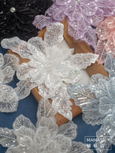 MAMASA ติดผ้าปักลายดอกไม้ไข่มุก 3 มิติ วัสดุตกแต่งสำหรับเสื้อผ้าสีเงินและสีดำ วัสดุผ้าฝ้ายโพลีเอสเตอร์ อุปกรณ์ตกแต่ง DIY