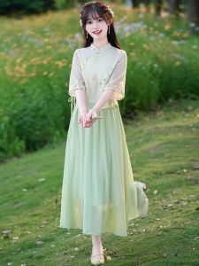 Trang Phục Trà Phong Cách Trung Hoa Mới 2025 Bộ Đồ Hanfu Cổ Điển Cao Cấp Mới Váy Dài Chữ a Cạp Cao Tay Dài Mùa Hè