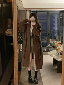 Large Size Lazy Style Coffee Color Knitted Sweater Coat Womens Autumn Winter Medium Length Outerwear Top V-Neck Long Sleeve