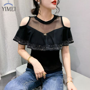 YIMEI เสื้อเต้นรำสุดสวยสำหรับผู้หญิงเสื้อแฟชั่นคอกลมเปิดไหล่ประดับเพชรมีระบายเพื่อความสวยงามสำหรับฤดูร้อนเสื้อยืดสตรีลายใบไม้มี2023