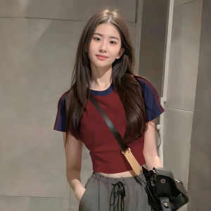 Raglan Short Sleeve Shoulder T-Shirt Womens Short American Unique Chic High Waist Crop Top Sweet and Spicy Jazz Tops Summer Slim Looking