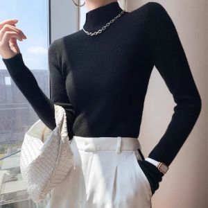 เสื้อสเวตเตอร์ถักคอปกสูงครึ่งตัวผู้หญิง แขนยาว ทรงสลิมฟิต เสื้อชั้นในผ้าขนสัตว์ แฟชั่นฤดูใบไม้ร่วง/ฤดูหนาว