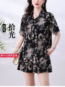 Elegant Chinese Style Print Loose Womens Two-Piece Set Summer New Arrival Polyester Fiber Short Sleeve Shirt Shorts