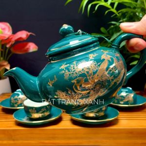 Bộ ấm trà Bát Tràng - có bán lẻ ấm chén đĩa - Bộ ấm Phú Quý Vinh Hoa xanh Malat bộ ấm trà xanh cổ vịt Bát tràng Xanh