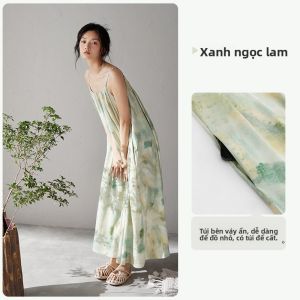 yuenei | Váy ngủ Modal Ice Silk dài mùa hè cho nữ Váy ngủ dài có dây đeo cổ tròn giản dị mặc ở nhà thoải mái thoáng khí
