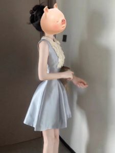 Váy Ngắn Chữ a Ren Cổ Búp Bê Kiểu Pháp Cho Nữ Mùa Hè Mới Thanh Lịch Eo Cao Không Tay Váy Ngắn Chữ a Phong Cách Quý Tộc