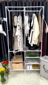 HOTUS [1/2/3เเถว] ราวแขวนเสื้อ ราวตากผ้าเหล็ก เเบบเเถวเดียว สองเเถว มีชั้นวางของตะขอเเขวน ใช้ในคอนโด ประหยัดพื้นที่