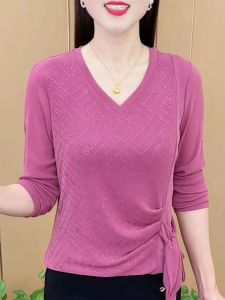 QIAOXIZI | Áo Thun Nữ Form Rộng Cổ V Đính Hột Xoàn Thời Trang cho Mùa Xuân và Thu