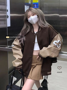 Coffee Retro Baseball เสื้อแจ็คเก็ต Pu หนัง แขน หลวม งานปัก แจ๊กเก็ต ฤดูใบไม้ผลิ ฤดูใบไม้ร่วง ผู้หญิง High Street Couples เสื้อโค้ท