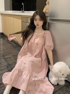 Korean Style Summer New Floral Print Short Sleeve Sleepwear Women Casual Princess Home Clothes Outdoor Wearable Long Dress