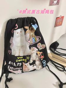 Retro Drawstring Cat พิมพ์ผ้าใบกระเป๋าน่ารักการ์ตูน INS กระเป๋าสะพายสําหรับนักเรียนพร้อมซิปปิดและกระเป๋าภายใน