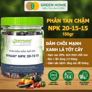 Mua 5 Tặng 1 - Phân Tan Chậm GreenHome Rynan NPK 20-15-15 Hũ 150grDùng Cho Loại Cây Họ Leo Bầu Bí Mướp Dưa Leo