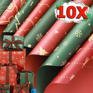 10 ชิ้น กระดาษห่อของขวัญลายเกล็ดหิมะกวางคริสต์มาส / กระดาษห่อของขวัญลายองค์ประกอบคริสต์มาสพรีเมียม / กระดาษคราฟท์สำหรับห่อของขวัญคริสต์มาส