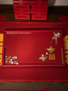 Wedding Celebration Red Rectangle Wooden Tea Tray Marriage Ceremony Cup Plate round Tea Serving Tray Creative Gift Box