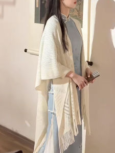 Spring Edition Cheongsam Shawl Outerwear Womens 2025 New Style Sari Long Shawl Tassel Elegant Simple White Engagement