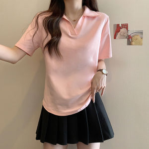 Plus Size Plus Size Ladies Work Clothing Pure Color Polo Collar Short Sleeve T-shirt Womens Summer French Minority Unique Chic Shoulder Tops