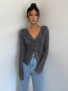 Fashion Wind Retro Sunken Stripe Thread High Elasticity Long Sleeves Knitting Cardigan Female Ruched Stylish Slim Fit Slimming Top