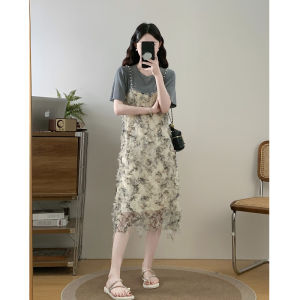 French Floral Print Halter Dress Shoulder Length T-Shirt Dress plus Size A-Line Skirt High Waist Summer New Style Fake Two-Piece