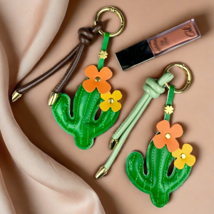 Healing Companion PU Leather Cactus Bag Charm/Keychain-Your Daily Dose of Cuteness with Fashionable Leather Cords & Large Clip