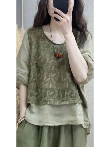 Fashionable Cotton Linen Set Womens Summer New Print Patchwork Fake Two-Piece Top Harlan Pants Slimming Two-Piece Set