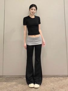 กางเกงวอร์มทรงหลวมขาบานสีดำเข้ารูปสำหรับผู้หญิง กางเกงขายาวทรงสลิมฟิต กางเกงขายาวลำลองสำหรับผู้หญิง สไตล์ทำงาน