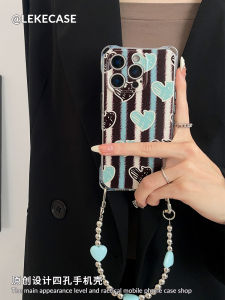 Korean Style Striped Heart 15 pro Phone Case Crossbody Handbag Silicone Protective Shell Anti Drop Chain Wrist Strap