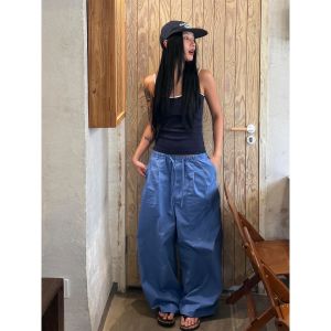 Quần Ống Rộng Màu Xanh Thường Ngày Cho Nữ Mùa Thu Mới Cạp Chun Quần Dài Thẳng Rộng Rãi Thoải Mái Phong Cách Mỹ