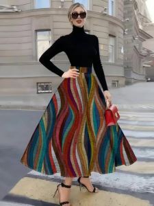 Printed Design four seasons casual style Colorful Striped Wavy Pattern Print half skirt