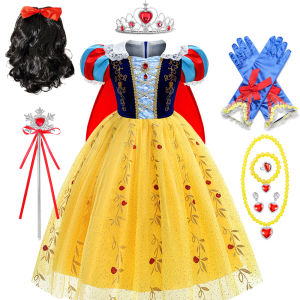 Snow White Dress for Girl with Black Wig Red Bow Kids Stage Performance Halloween Cosplay Costume Gift