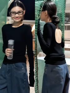 Áo Thun Dài Tay Cổ Tròn Màu Đen Ôm Vừa Vặn Cho Nữ Mùa Thu Phong Cách Mới Thiết Kế Hở Lưng Tạo Hiệu Ứng Thon Gọn